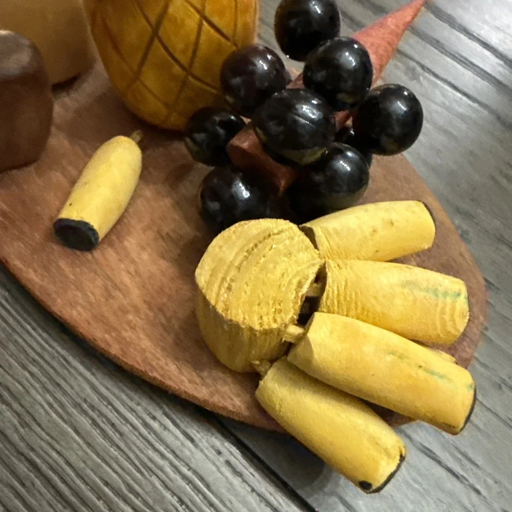 Vintage Miniature Wooden Hand Carved Fruit on Plate Set of 7 Pineapple‎ Bananas